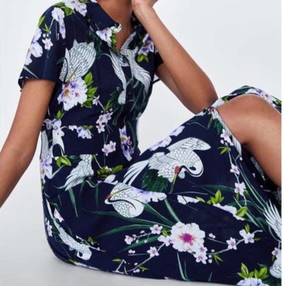 Zara Dresses & Skirts - ZARA Navy Bird Printed Button Down Maxi Shirtdress